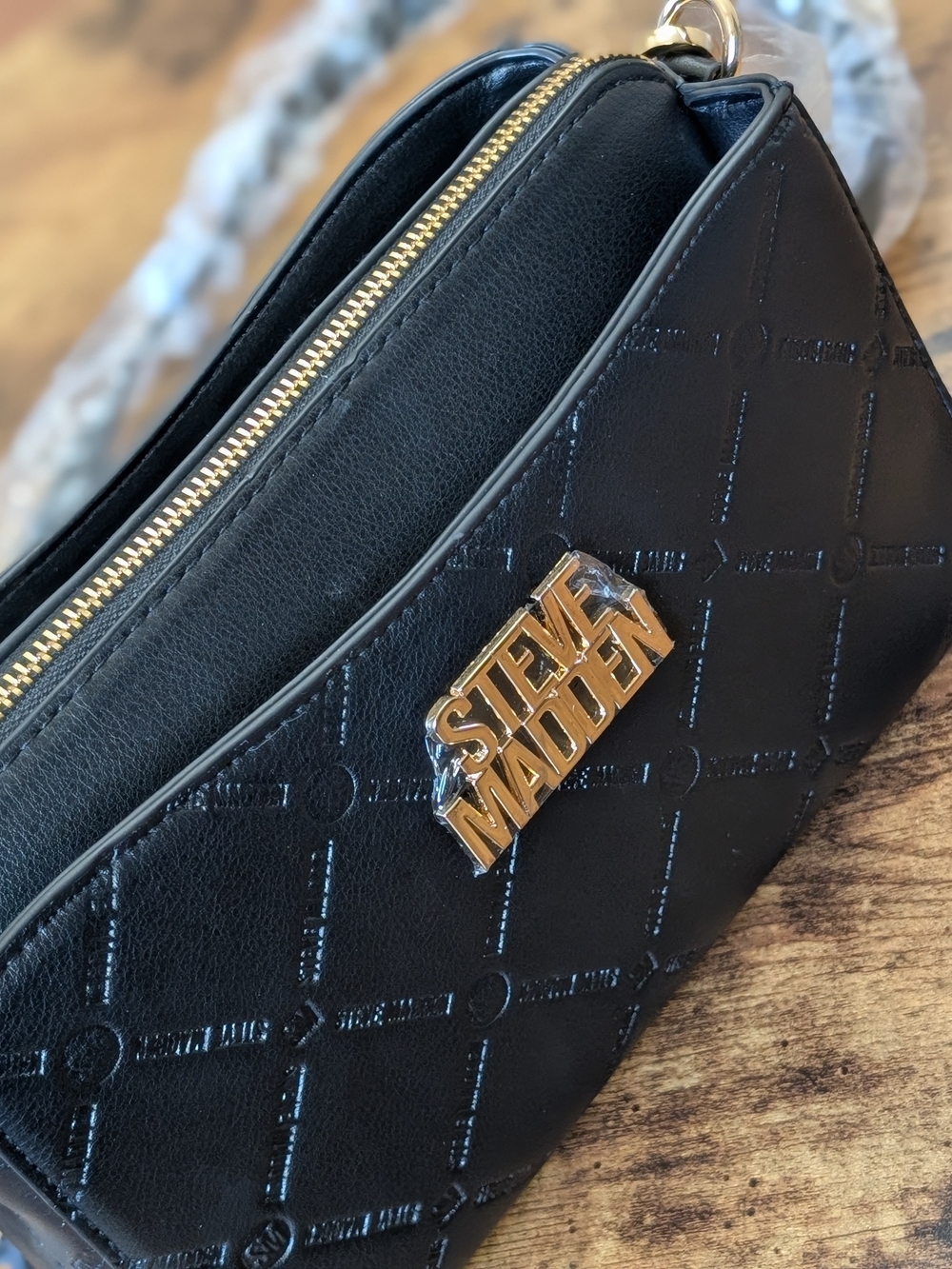 NWT Steve Madden Black Quilted Crossbody Bag with Gold Logo